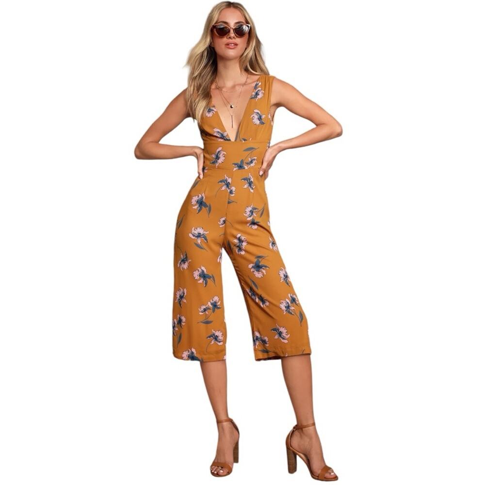 Lulus Love You Bunches Mustard Yellow Floral Cropped Jumpsuit – Size Medium NWT